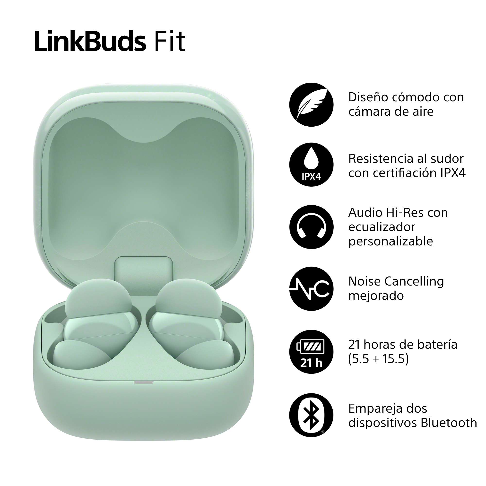 Auriculares verdes en un estuche, con iconos de funciones como resistencia al sudor, cancelación de ruido y batería de 21 horas.