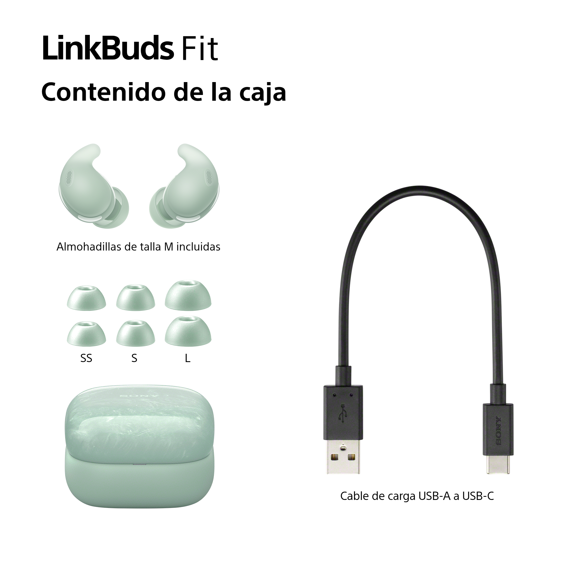 La imagen muestra el contenido de LinkBuds Fit: auriculares, almohadillas (SS, S, L), estuche de carga y cable USB-A a USB-C.