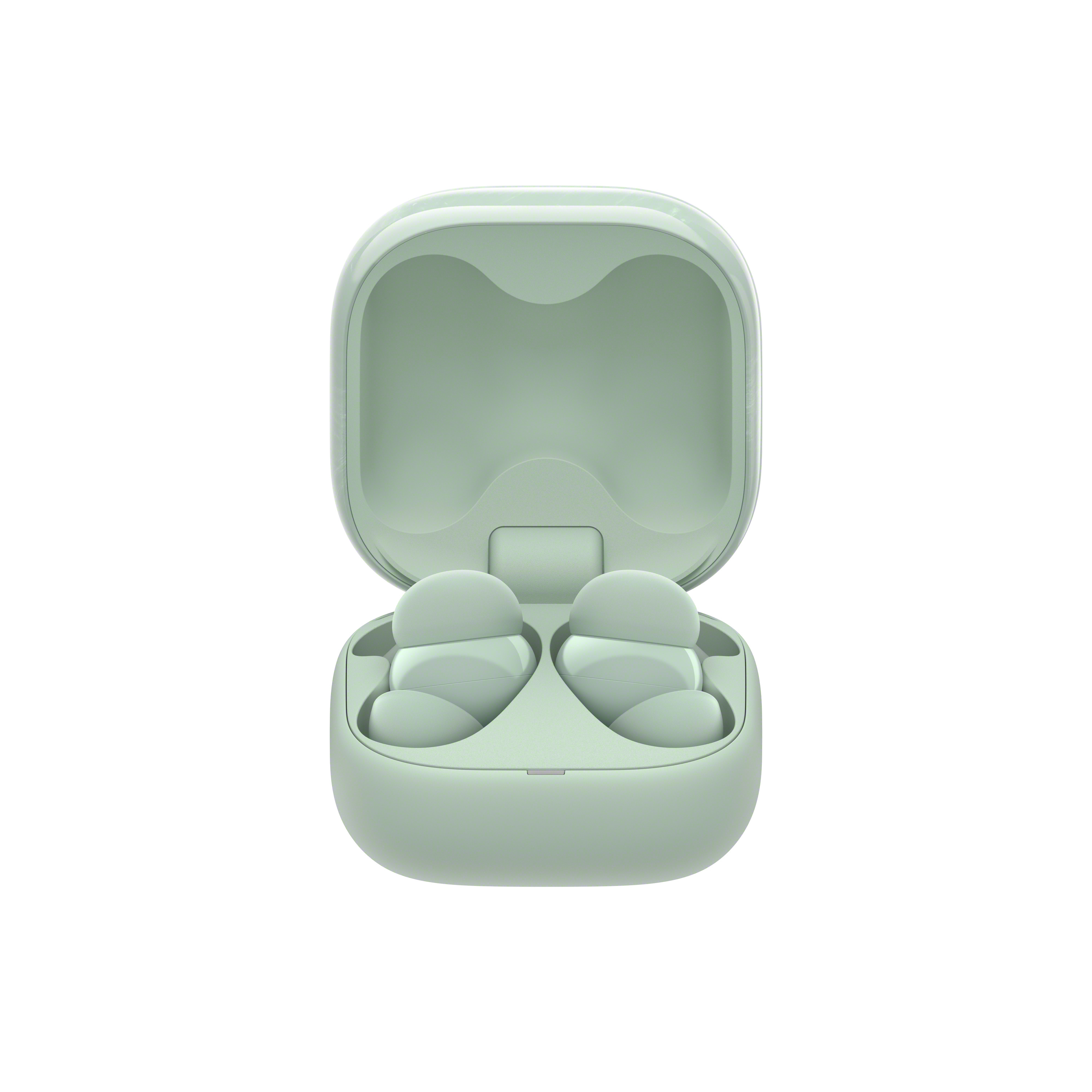 Estuche de auriculares verde claro abierto con dos auriculares dentro. El fondo es blanco.