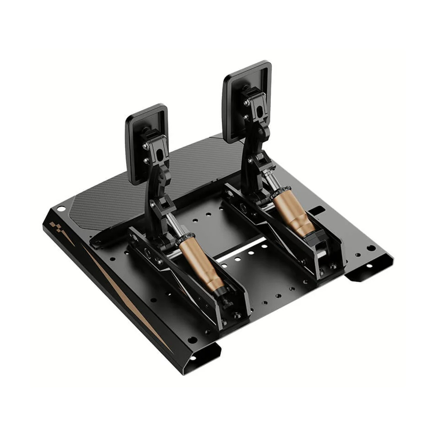Un set di pedali da corsa neri con due pedali e una base. I pedali hanno un telaio nero e cilindri color bronzo. La base ha un aspetto in fibra di carbonio.