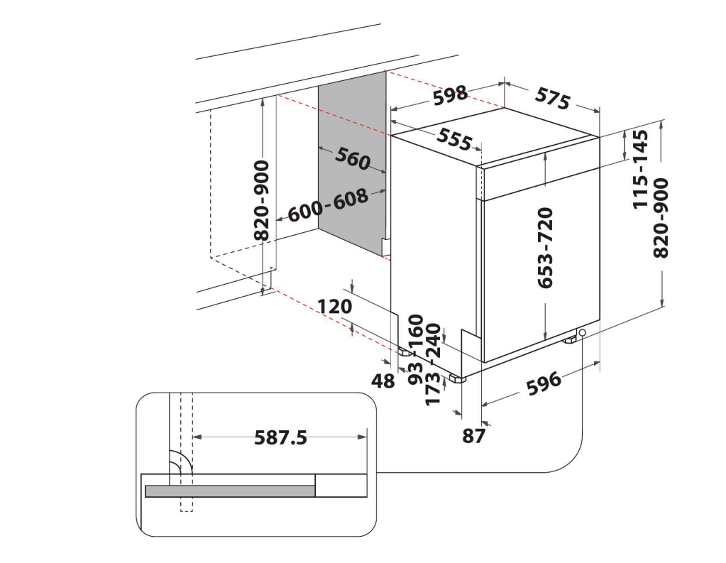 Mosogatógép diagramja, méretekkel mm-ben. Felülnézet, elölnézet és oldalsó nézet, különböző mérésekkel.