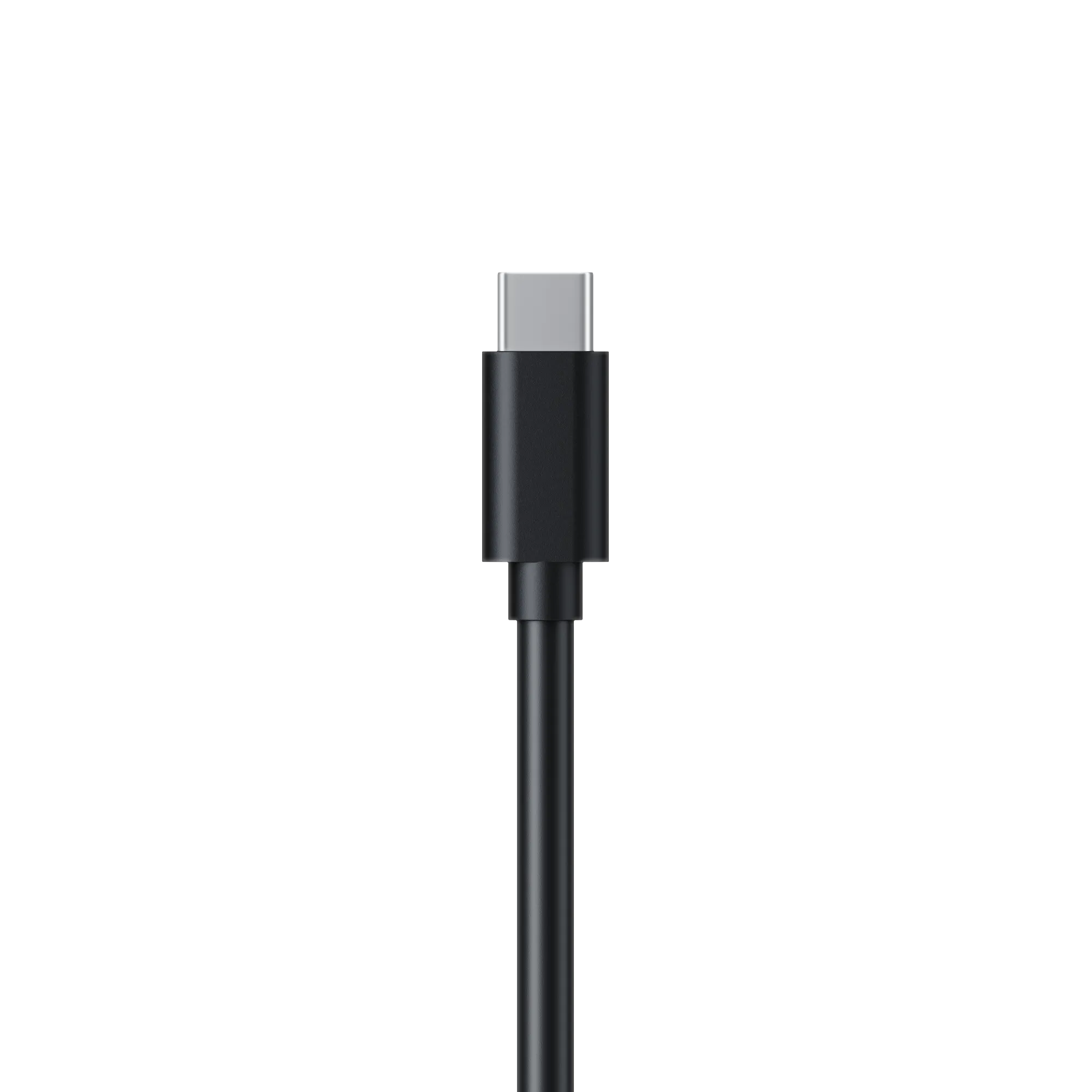 Nahaufnahme eines schwarzen USB-C-Kabels vor schwarzem Hintergrund. Der Stecker ist silber.