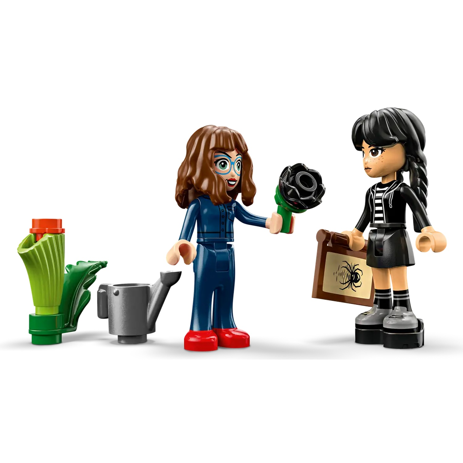 Deux figurines Lego avec une rose noire, un dessin d'araignée, un arrosoir et des plantes. Une figurine porte une combinaison bleue.