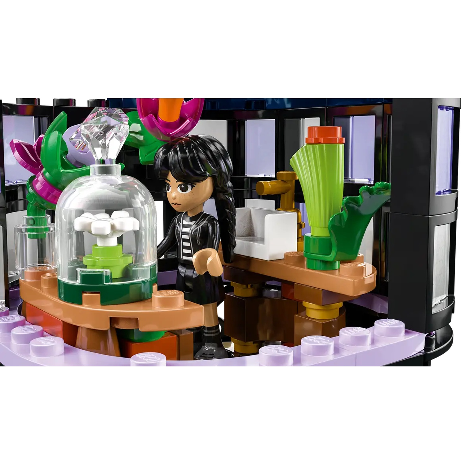 Un ensemble Lego avec une figurine avec une tresse noire. Il est dans une pièce avec un dôme en verre contenant des fleurs et un gros diamant.