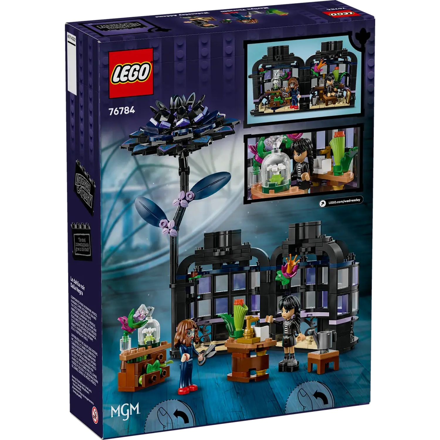 Coffret LEGO. Comprend des personnages et des structures de Wednesday. Inclut une grande fleur et des scènes représentant des espaces intérieurs.