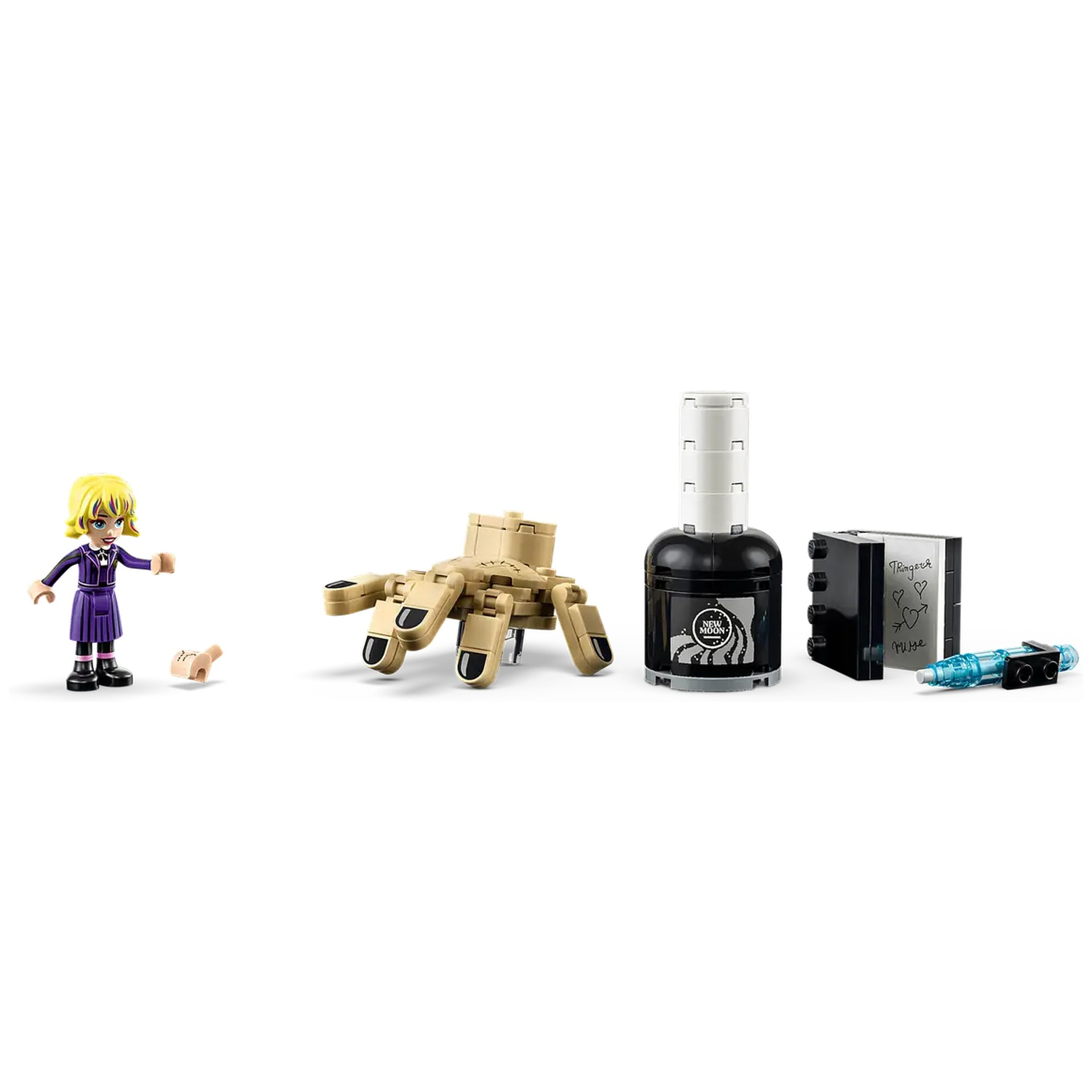 Een Lego-set met een figuur, een hand, een fles nagellak, een boek en een pen. Alle objecten staan op een witte achtergrond.