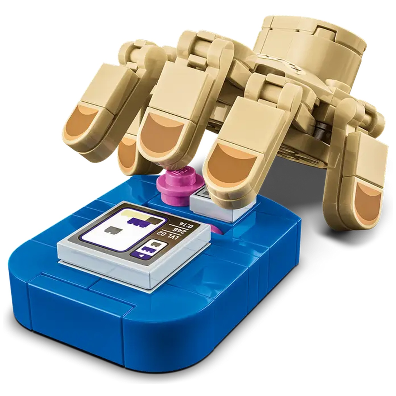 Een bruine Lego-hand met bruine nagels staat boven een blauwe basis met een scherm en een roze knop.