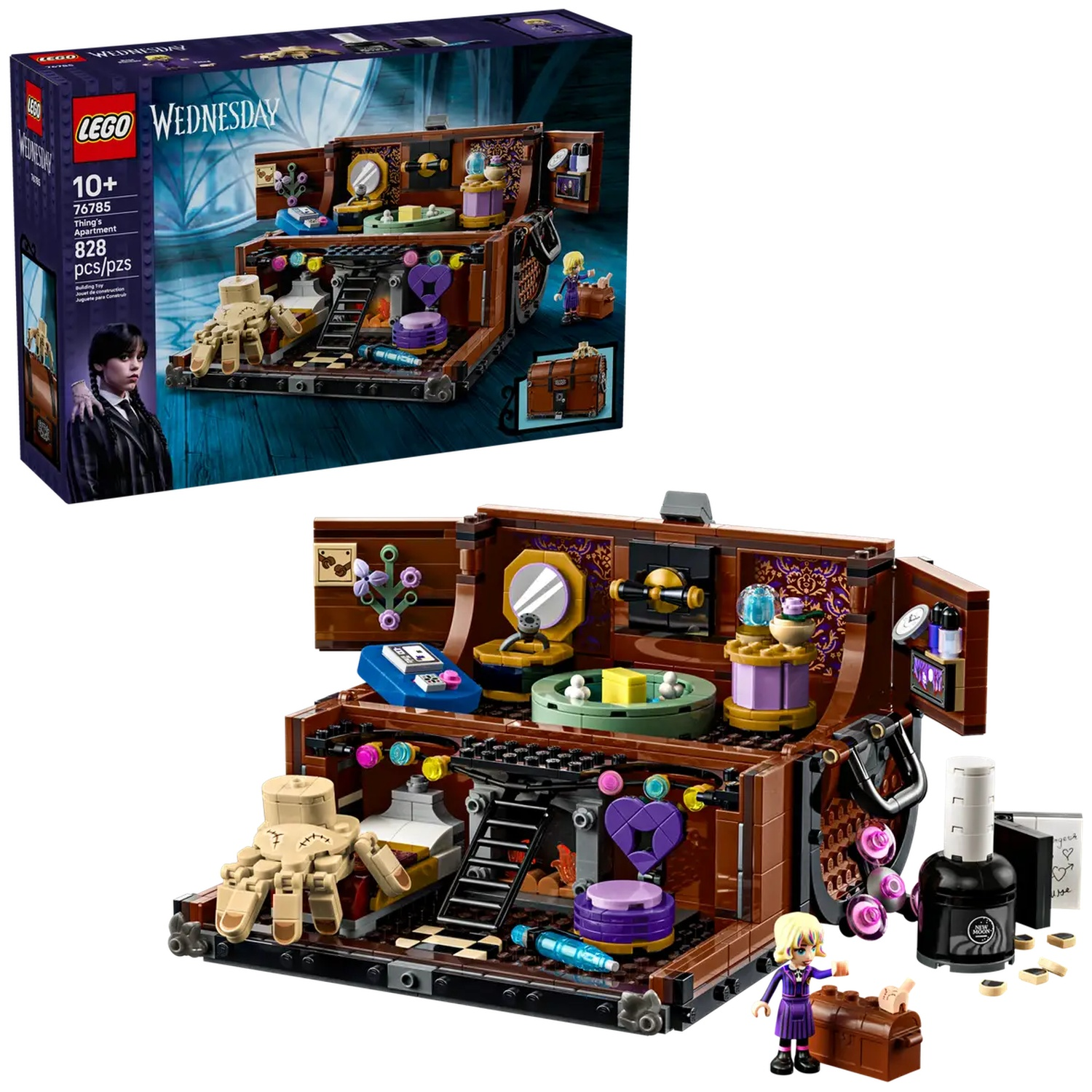 LEGO Wednesday set. Bruin en paars gebouw met accessoires. Bevat een handfiguur, een Wednesday figuur en nagellak.