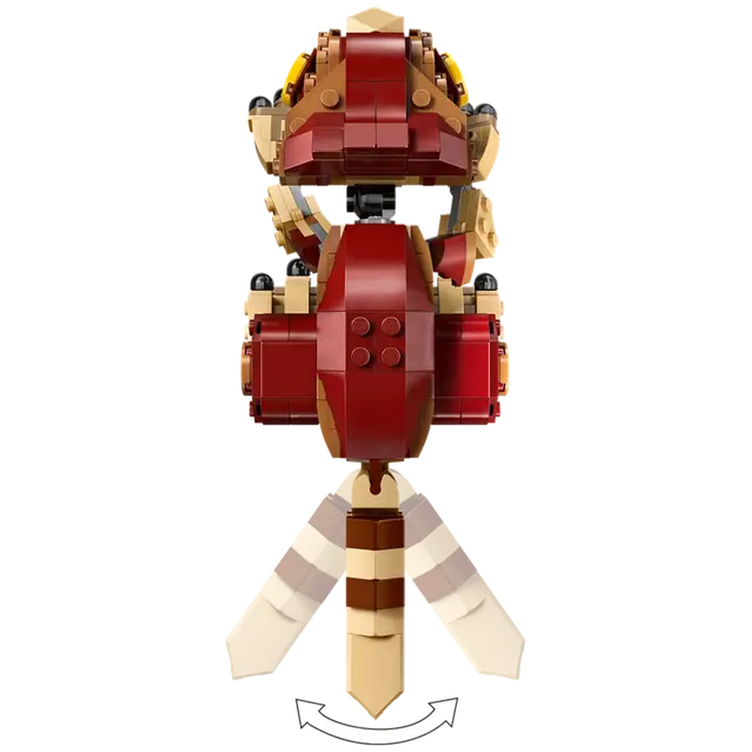 A Lego model of a red and brown insect-like creature with yellow accents. It has wings and legs, and arrows show it can move.
