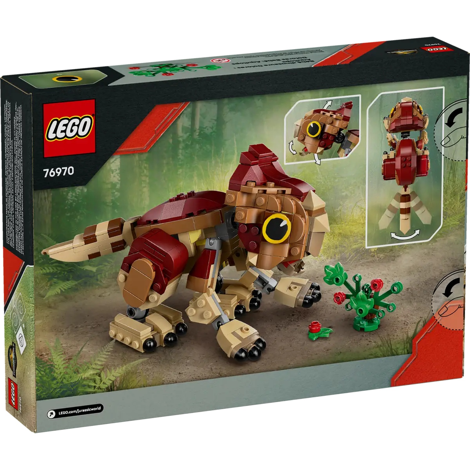 Lego box of a dinosaur. It is brown, red, and tan. A small green bush and red flowers are in the background.