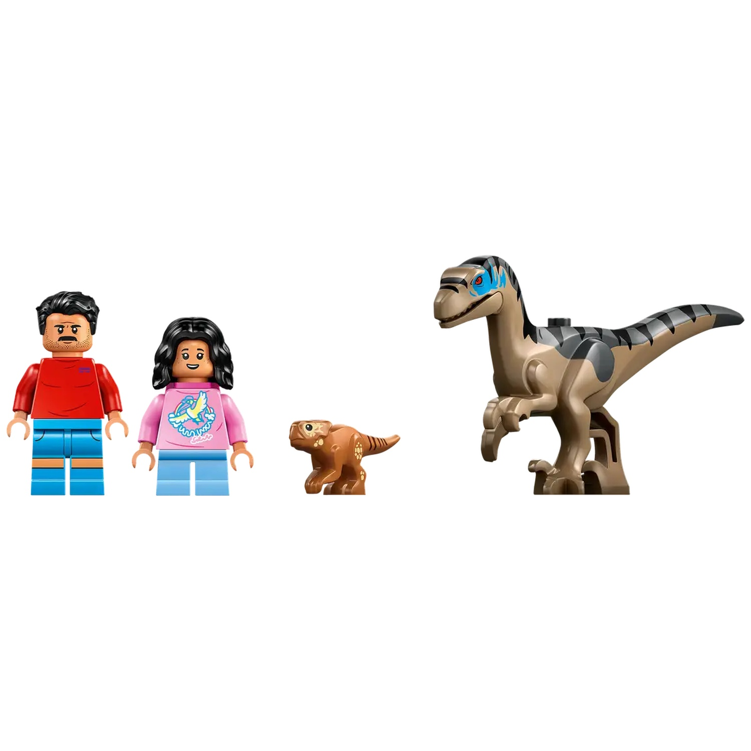 Lego figures: man, woman, small dinosaur, and a large dinosaur. Man wears red shirt and blue pants. Woman wears pink shirt and blue pants.
