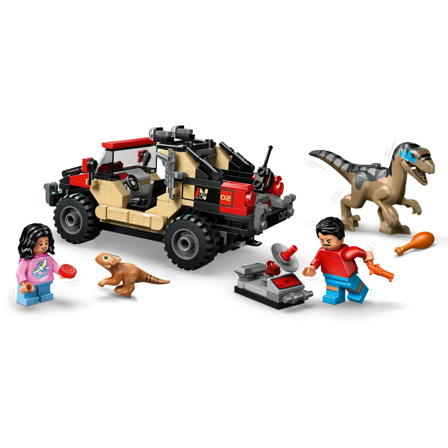 Lego set with a jeep, dinosaurs, and minifigures. Characters are interacting. Predominantly tan, red, and black. Bright background.