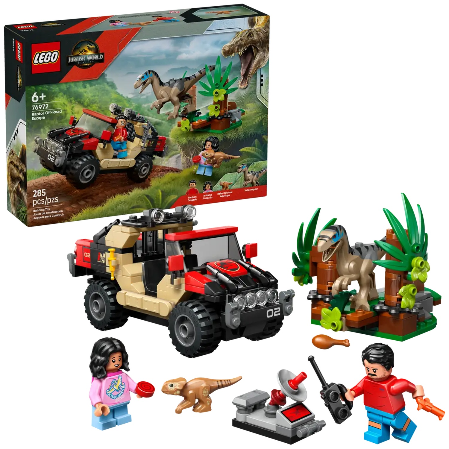 Lego Jurassic World set. Includes a red and tan jeep, a dinosaur, minifigures, and a radar. Set box is visible.