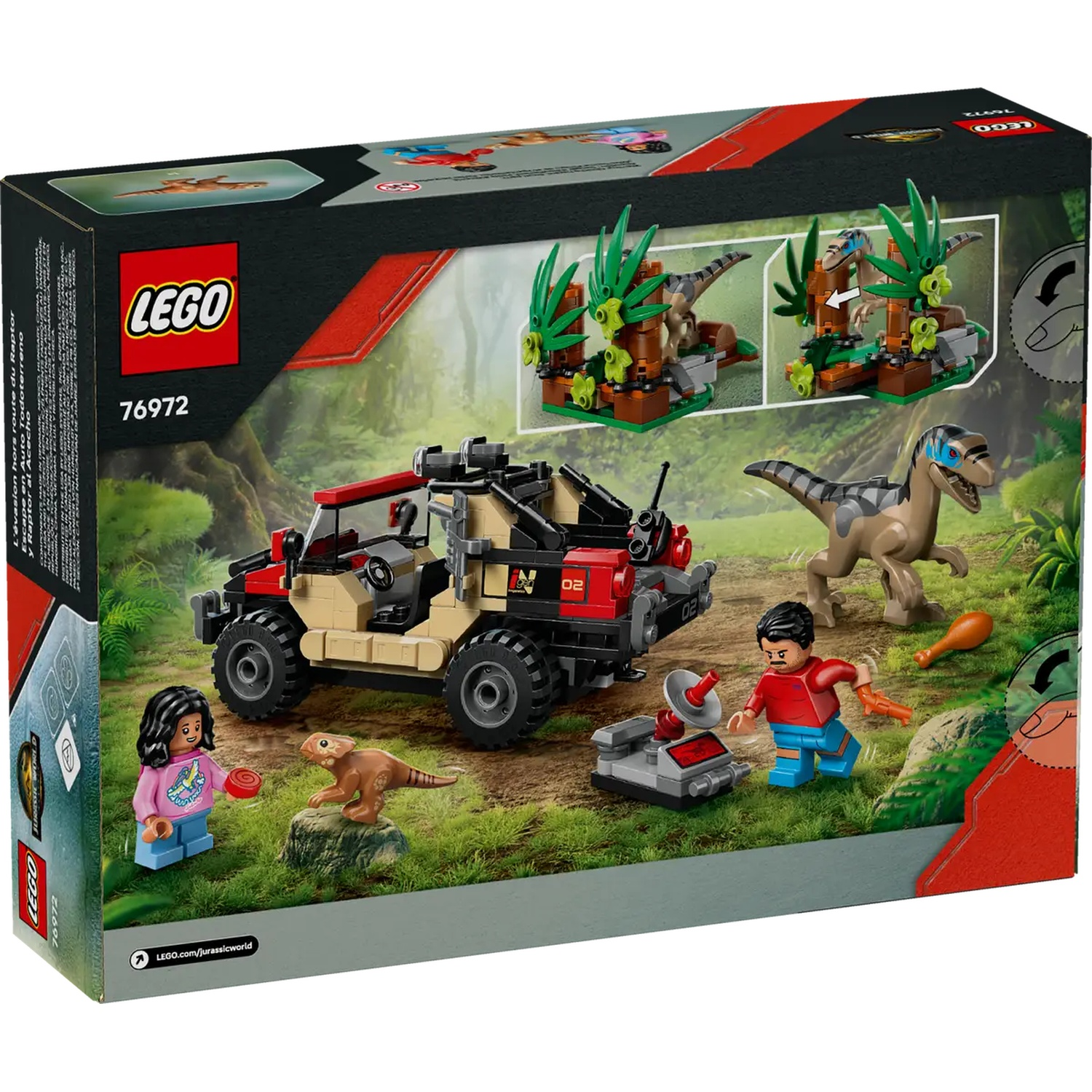 Lego box shows a jeep, dinosaurs, and minifigures in a jungle scene.  The Lego logo is visible on the top left corner.