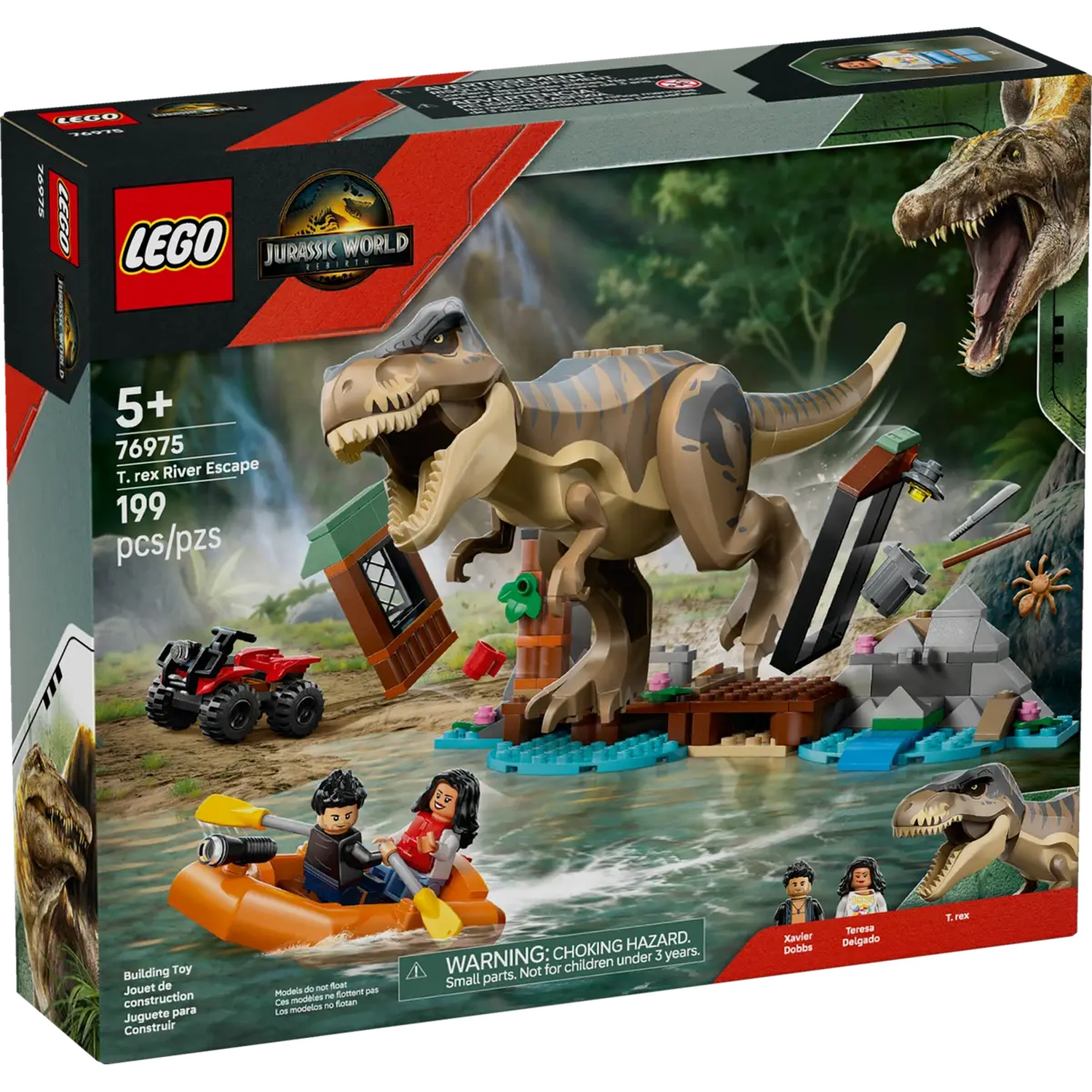 Lego set box. A T-rex attacks a boat with two people. A red ATV and other Lego structures are also visible.