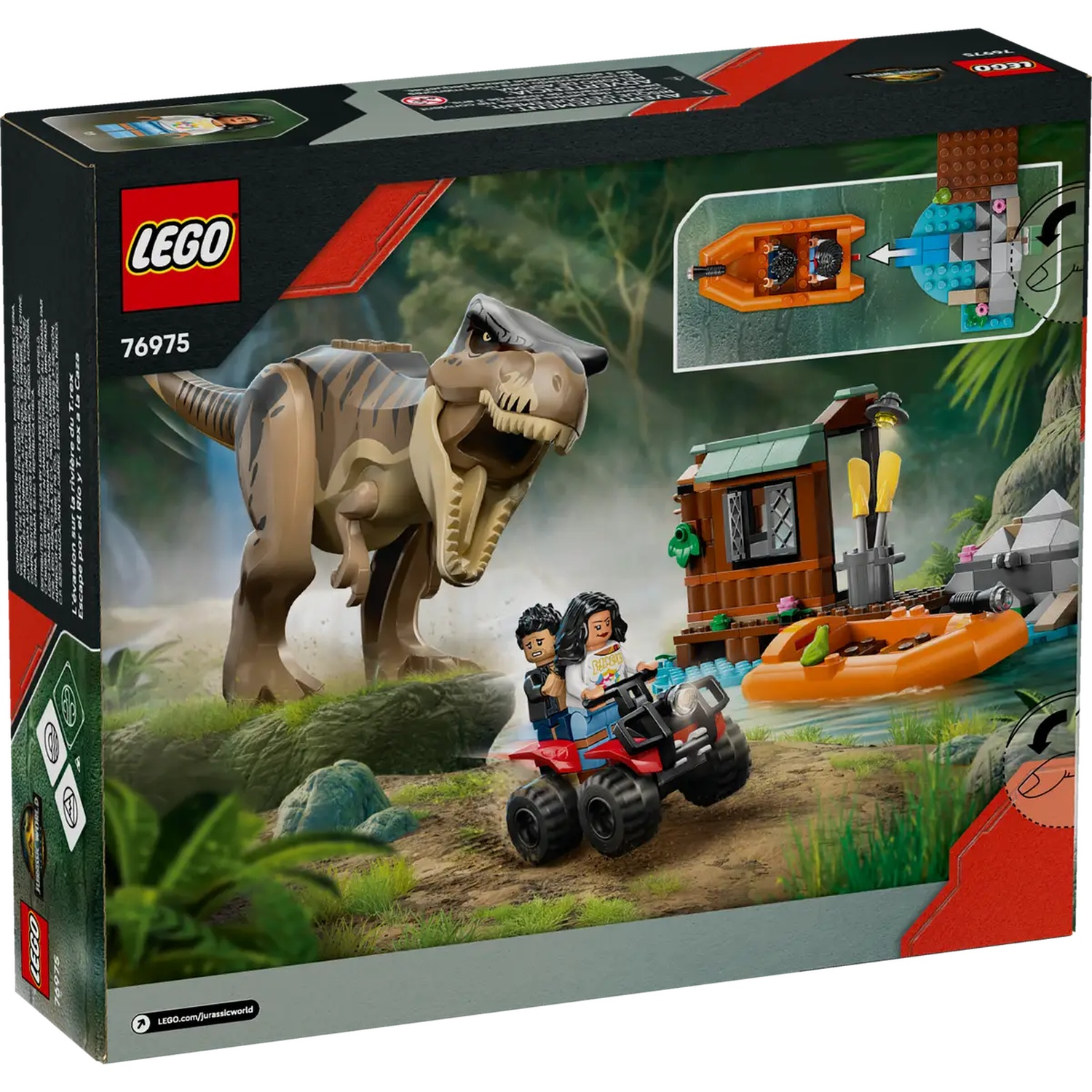 Lego box shows a T-rex, figures on an ATV, a boat, and a building near water.