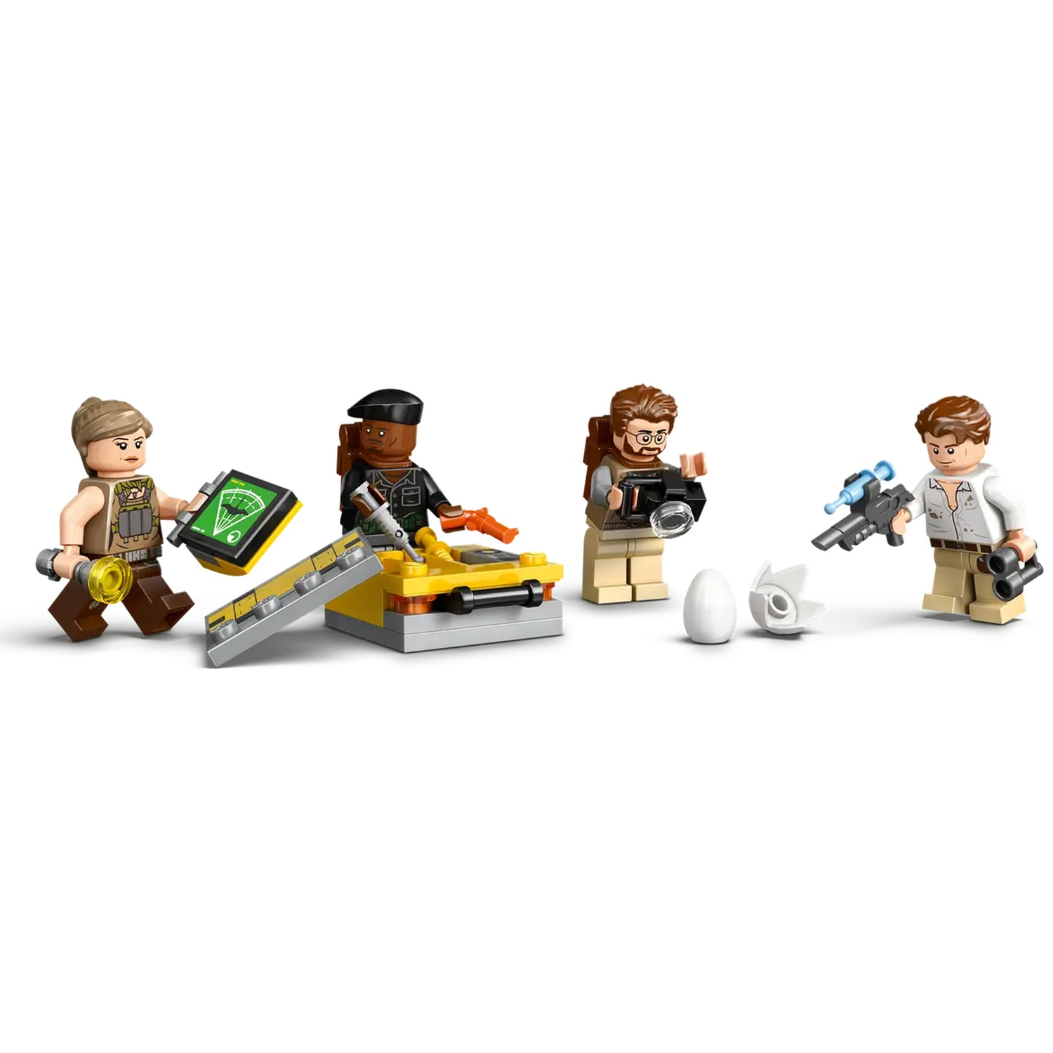 Four Lego figures with tools and a yellow structure. A radar screen, camera, gun, and binoculars are visible. A white egg is on the ground.