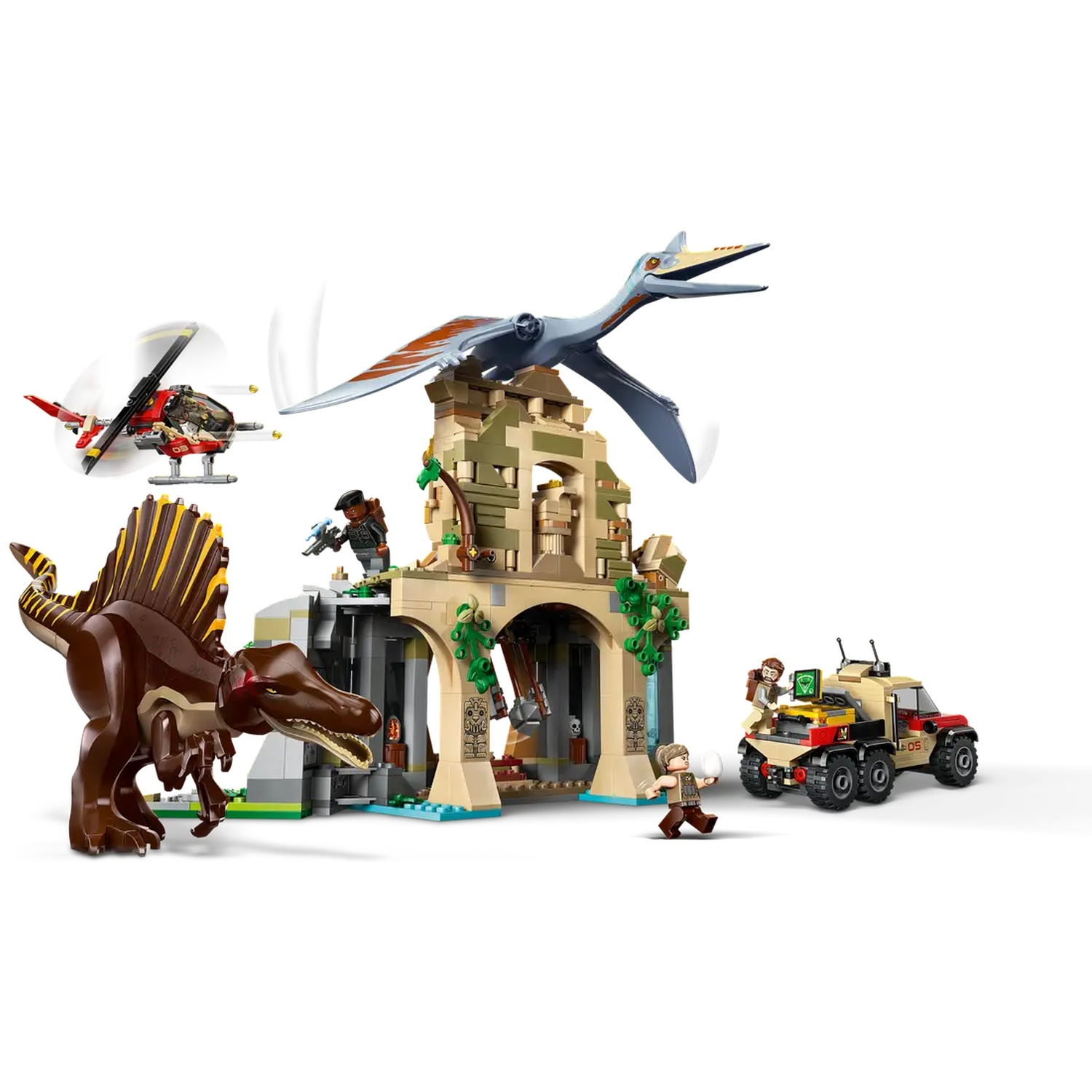 Lego set depicting a dinosaur scene. Includes a Spinosaurus, a pterodactyl, a car, a helicopter, characters, and a building.