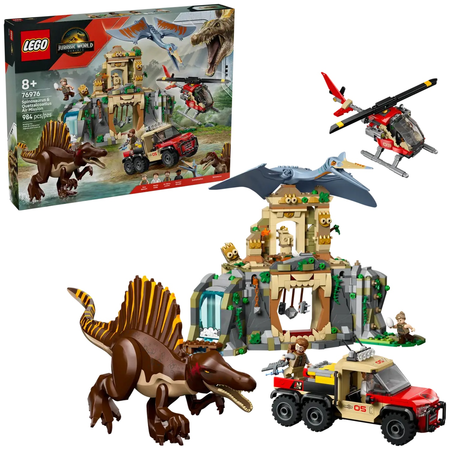 A Lego set featuring a Spinosaurus, Quetzalcoatlus, a helicopter, a truck, and a building structure. The box art shows the set.