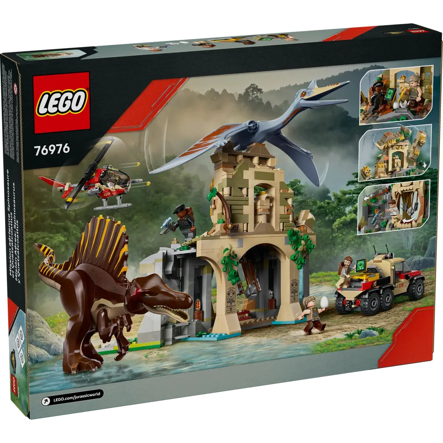 Lego set depicting a Spinosaurus attacking a structure with a flying dinosaur. People and vehicles are also present.
