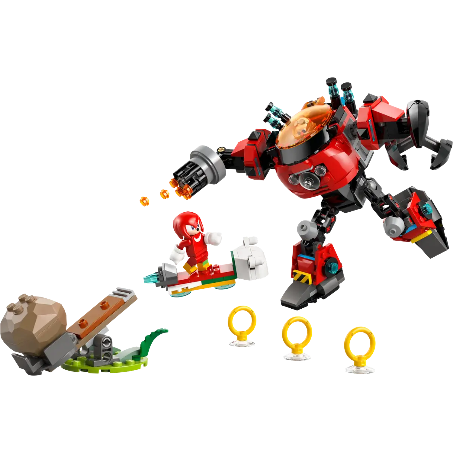 Set Lego : Robot rouge, Knuckles sur une planche, catapulte avec rocher, et trois anneaux dorés.