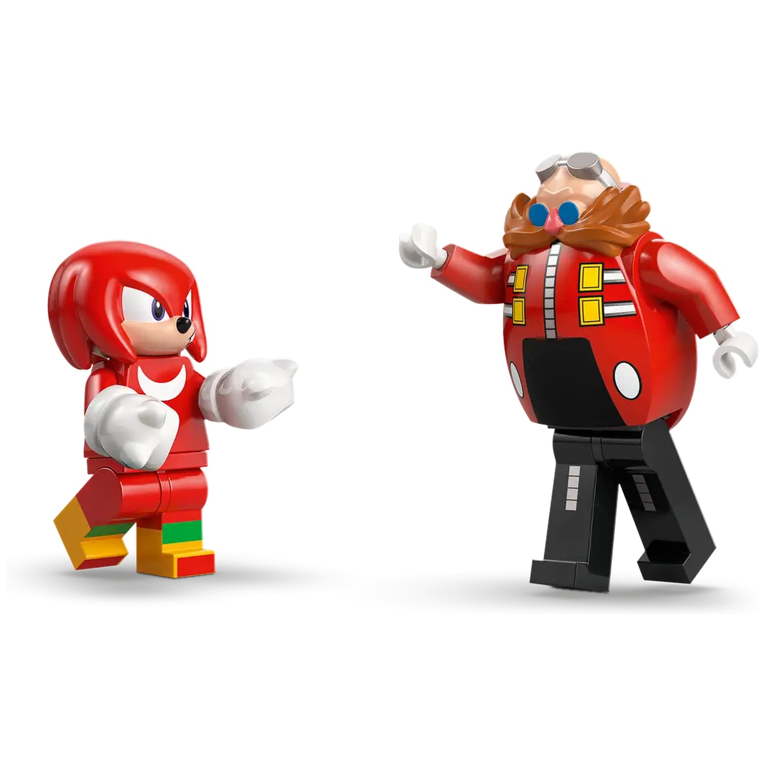 Figurines Lego de Knuckles et Dr. Eggman de Sonic. Knuckles est rouge, Eggman a un manteau rouge et une moustache, sur blanc.