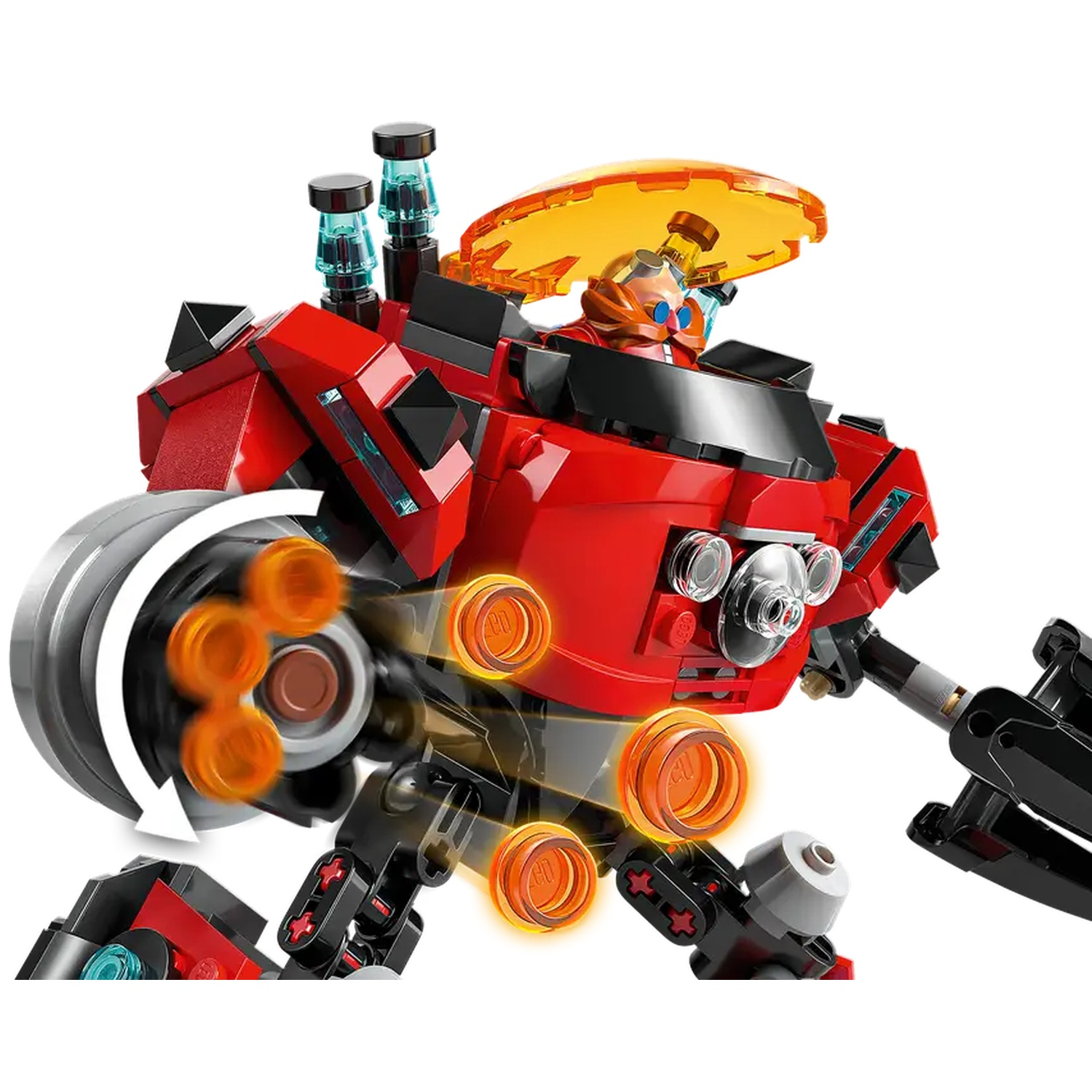 Un robot Lego rouge avec une roue circulaire, des projectiles orange et un pilote dans un dôme orange transparent.