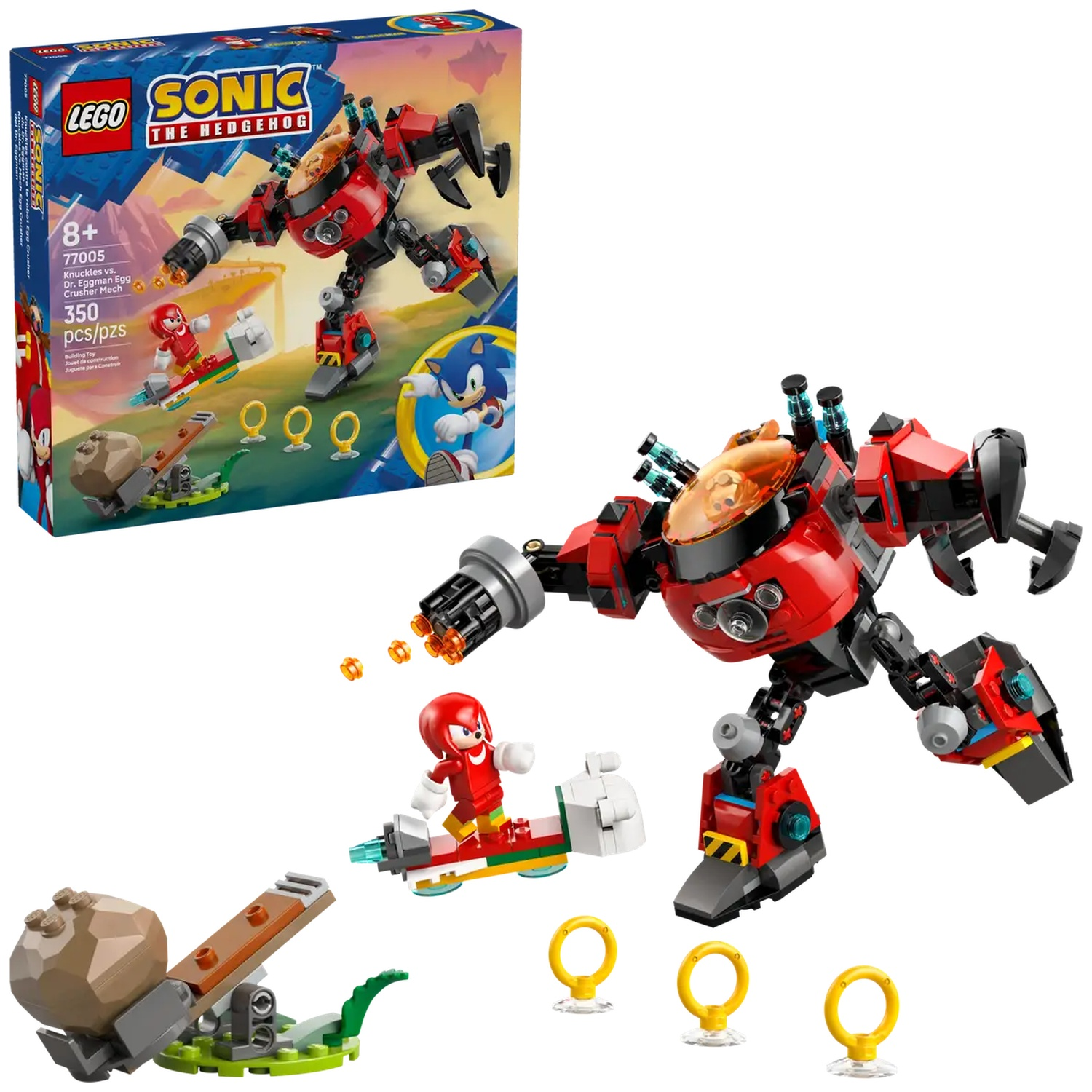 Ensemble Lego Sonic avec un mécha rouge, Knuckles, des anneaux et un lanceur. La boîte montre le contenu.