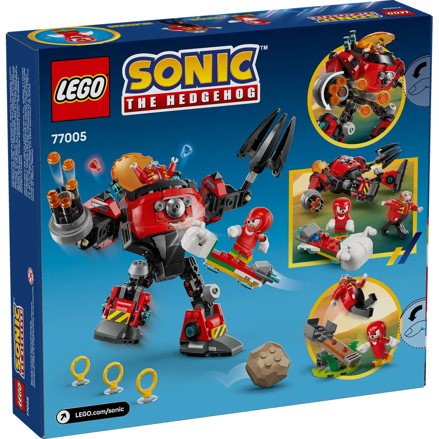 Boîte LEGO Sonic The Hedgehog. Montre un robot rouge, des figurines, des anneaux dorés et d'autres éléments du jeu, sur fond bleu.