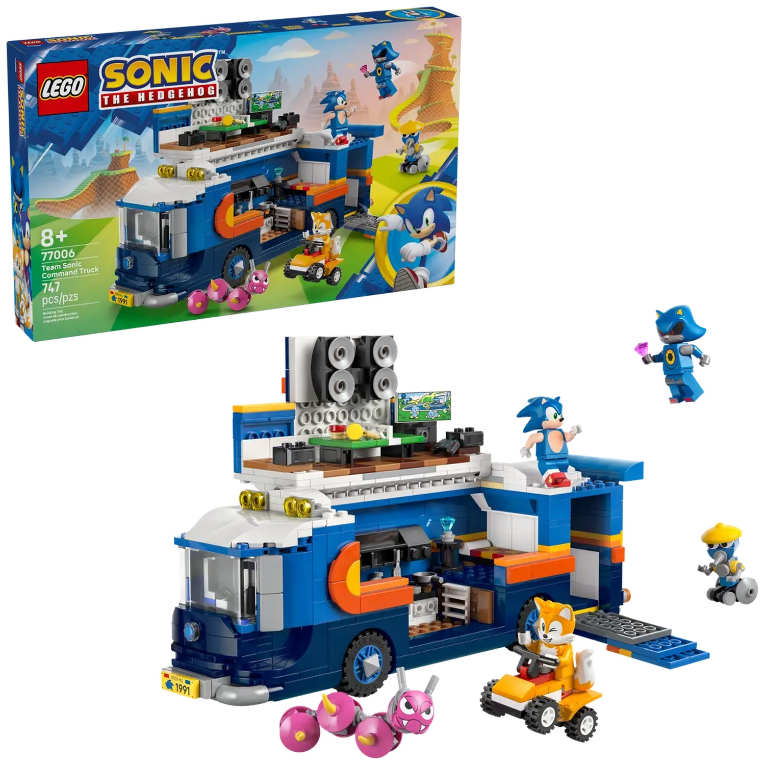 Lego Sonic the Hedgehog set. Beschikt over een blauwe en oranje commandotruck, Sonic en Tails figuren en andere karakters.