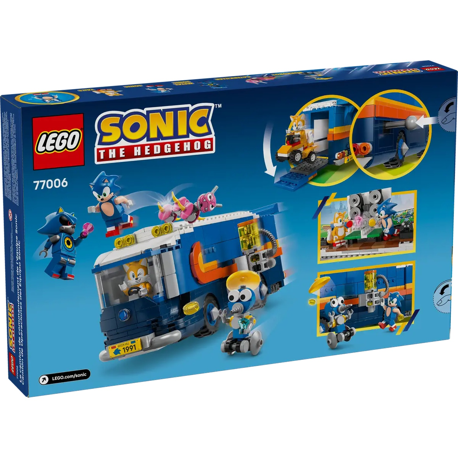 Lego Sonic doos. Blauwe truck met Sonic-personages. Tails bestuurt een voertuig. Andere personages zijn ook aanwezig op de doos.