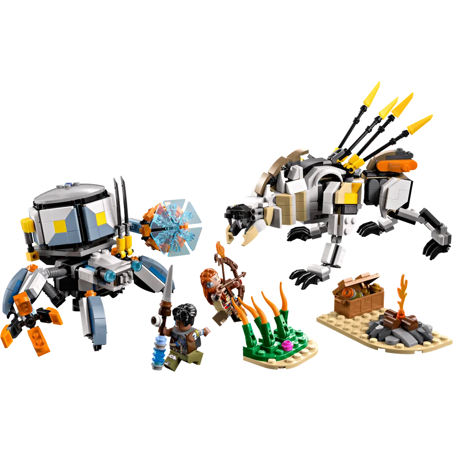 Lego-set met robots, minifiguren en accessoires. Een spinachtige robot en een beestrobot staan tegenover elkaar, met figuren ertussen.