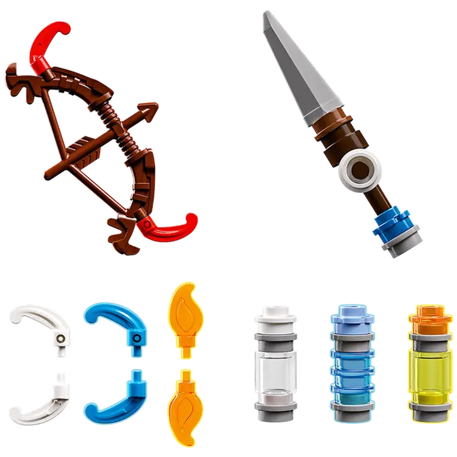 Afbeelding toont Lego pijl en boog, speer en diverse andere Lego stukken in wit, blauw, geel en oranje. Alles op een witte achtergrond.