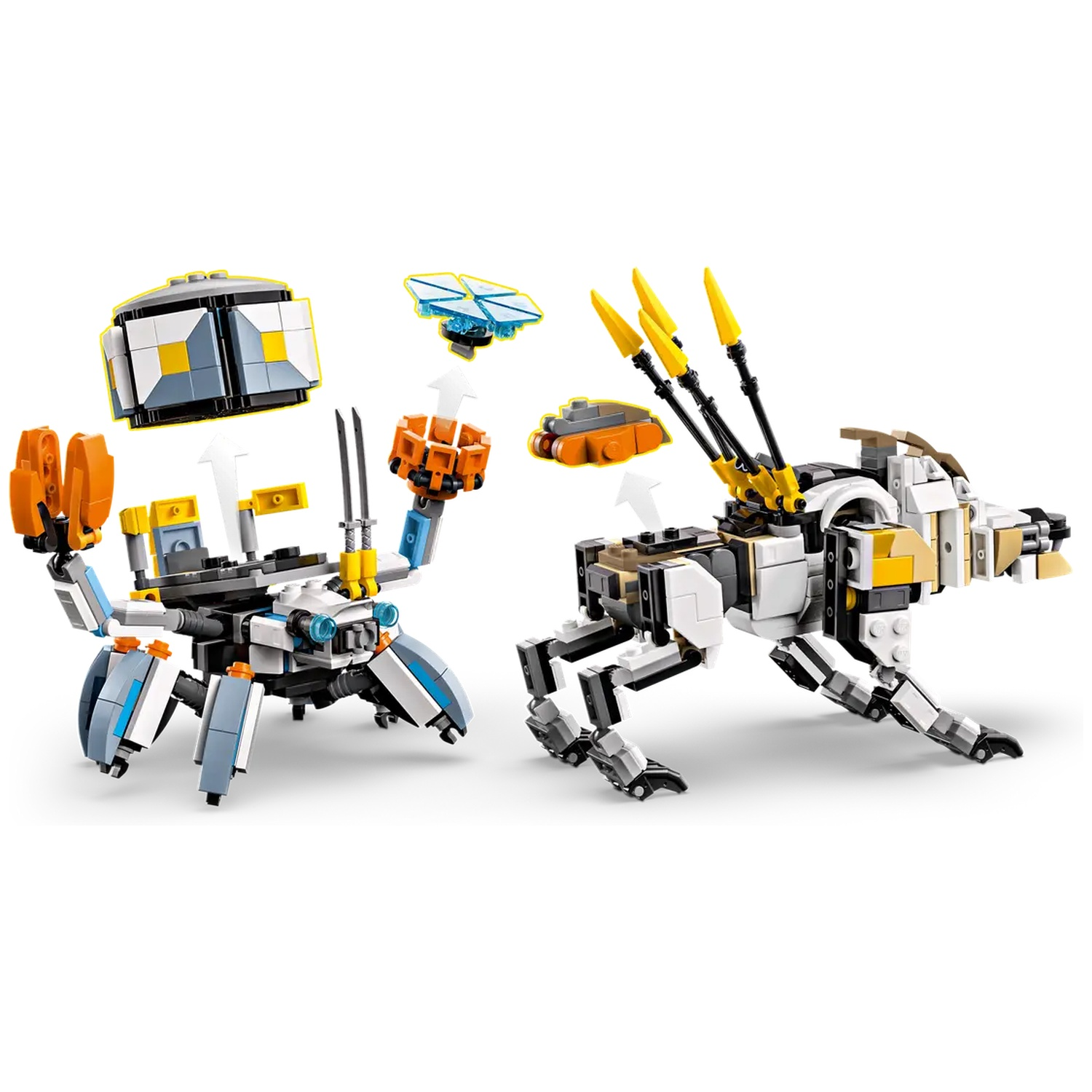 Twee Lego-robots, één krabachtig, één wolfachtig, beide wit en zwart met gele en oranje accenten, tegen een witte achtergrond.