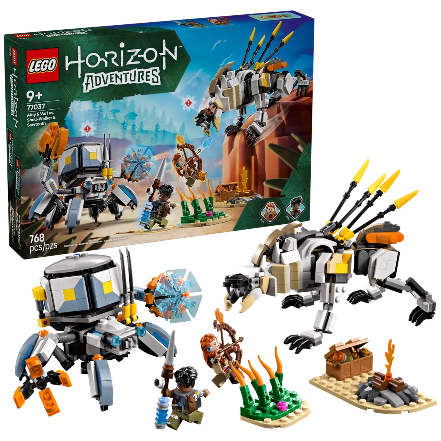 Lego-set met Aloy & Varl vs. Shell-Walker & Sawtooth. Inclusief Lego-figuren, een Shell-Walker, Sawtooth en andere accessoires.