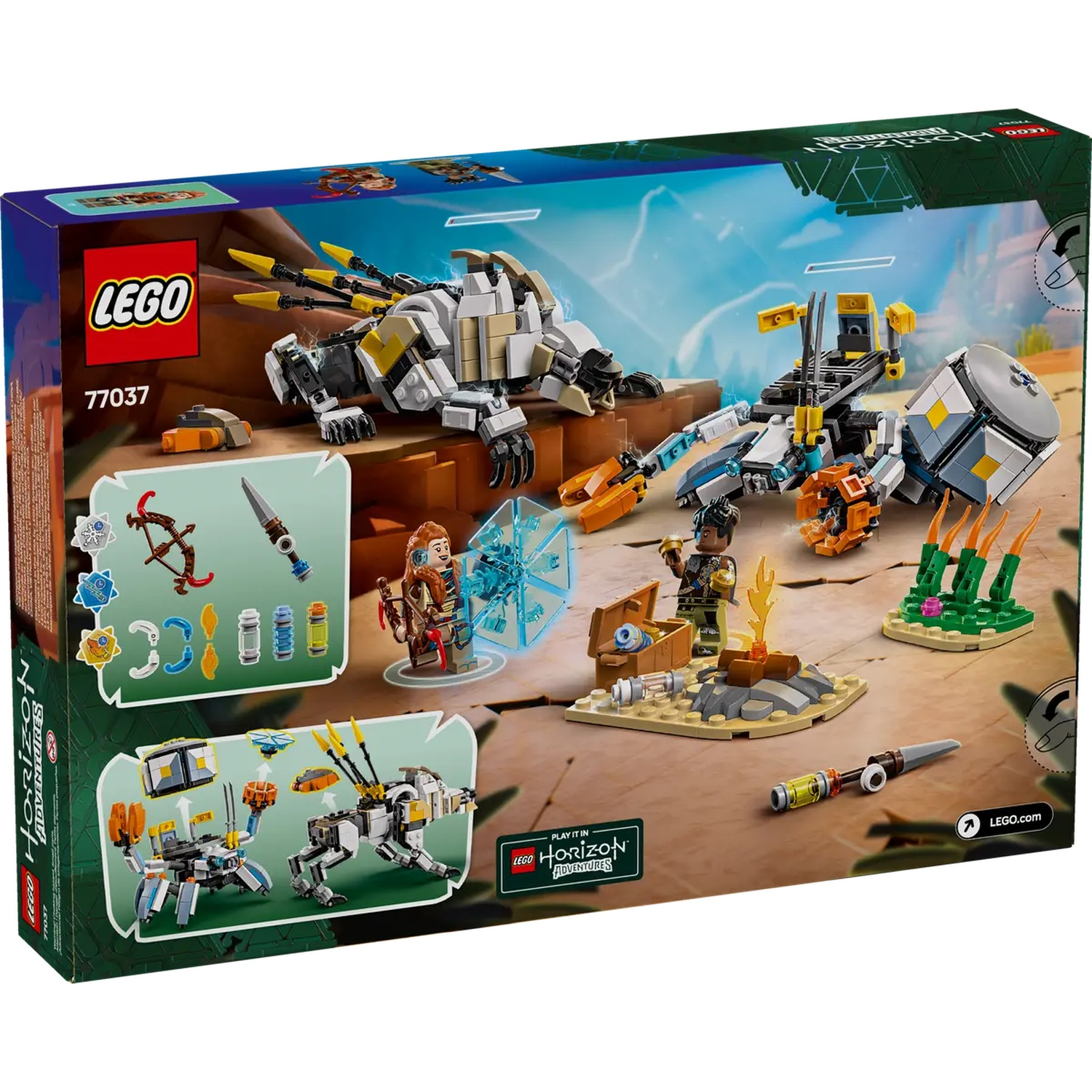 Lego boxset met Horizon Adventures. Bevat Lego-figuren, robots en accessoires. De achtergrond toont een woestijnlandschap met bliksem.