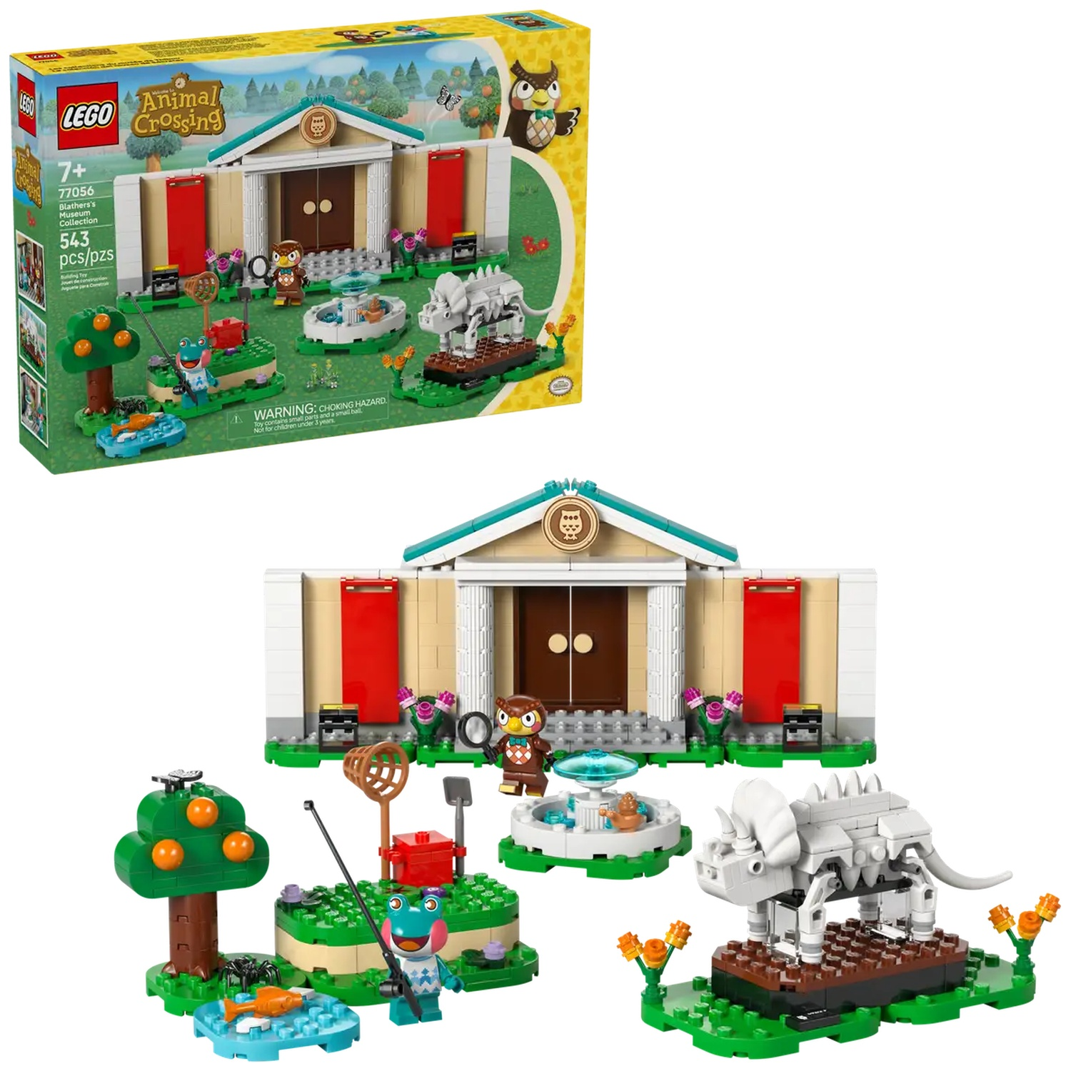 Ensemble LEGO Animal Crossing. Comprend un musée, un personnage hibou, une grenouille, un arbre, un squelette de dinosaure et une fontaine, en briques.