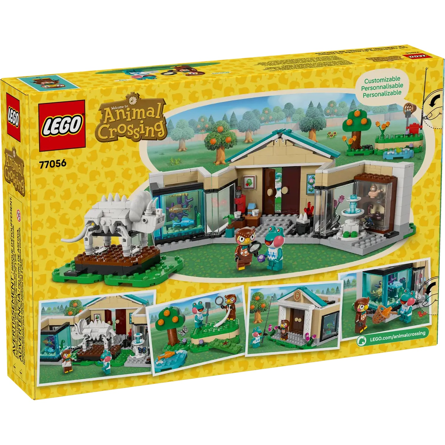 Une boîte Lego Animal Crossing. Elle montre un ensemble Lego avec une maison, des personnages et un dinosaure blanc. Il y a aussi des photos de l'ensemble.