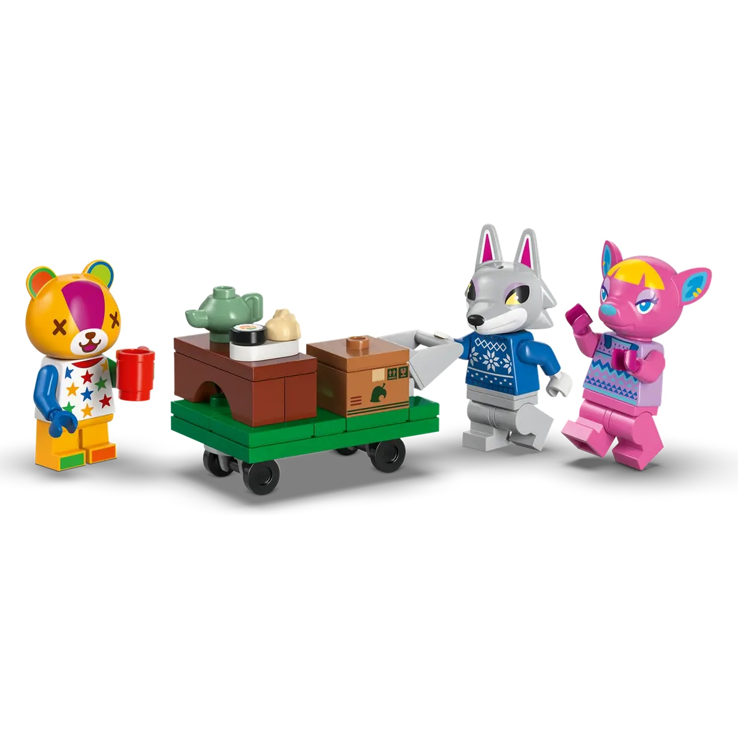 Ensemble Lego avec trois personnages animaux, un chariot avec de la nourriture et un ours tenant une tasse.