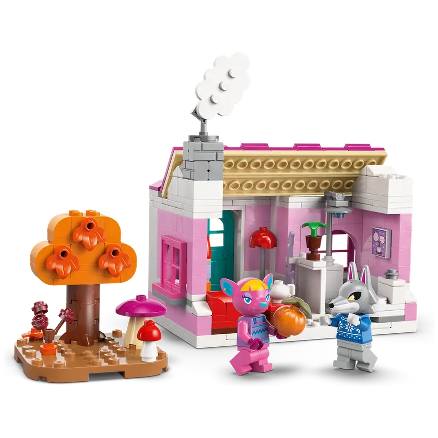 Maison Lego avec des figurines de loup et de cerf. Il y a un arbre et des champignons à gauche. Le cerf tient un gland.