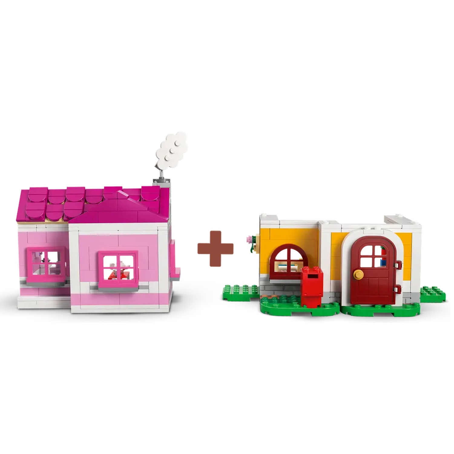 Deux maisons jouets en blocs sont présentées. L'une est rose avec une cheminée, l'autre jaune avec une porte rouge. Un signe plus est entre elles.