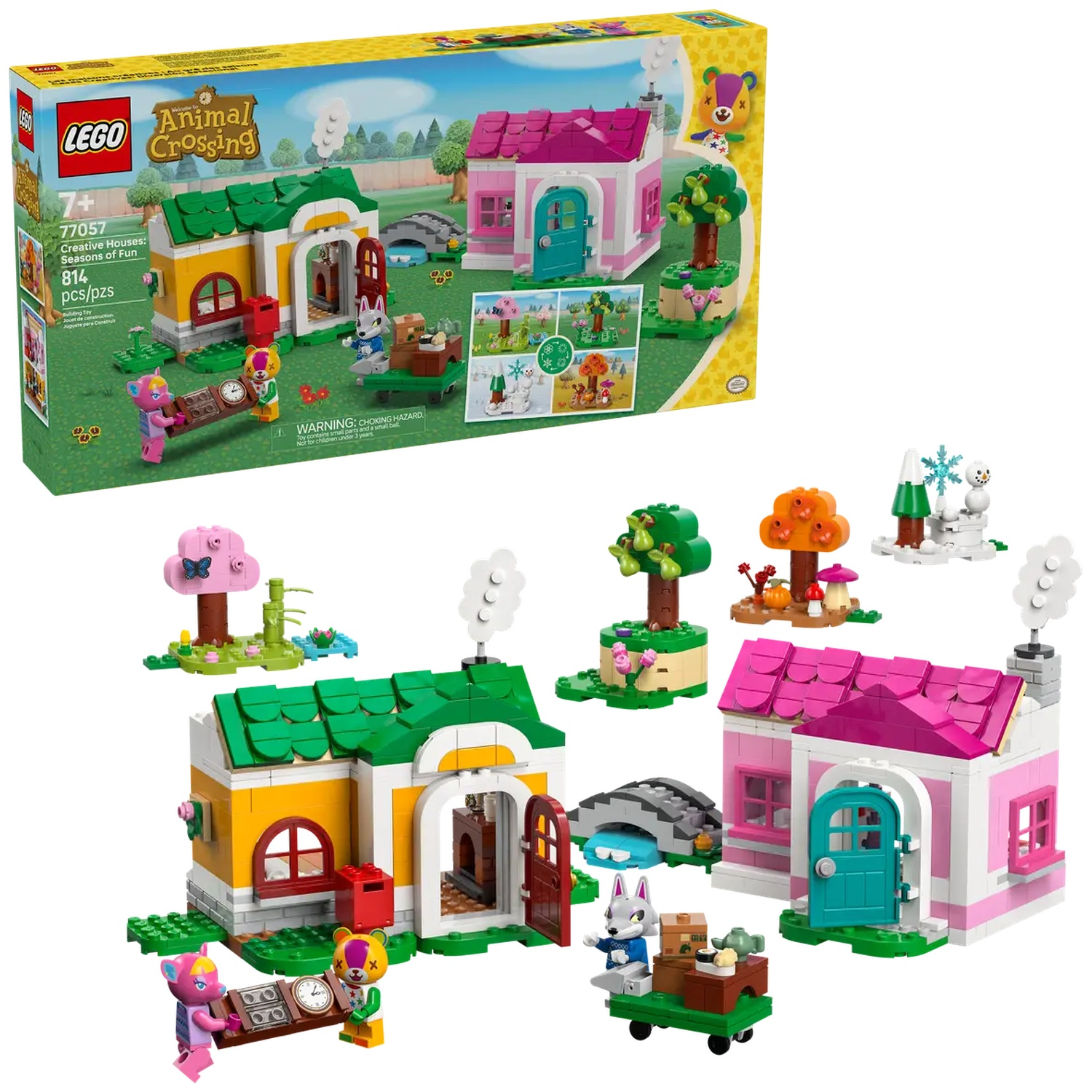 Ensemble LEGO Animal Crossing. Comprend des maisons colorées, des personnages, des arbres et des accessoires. Boîte et modèles assemblés.