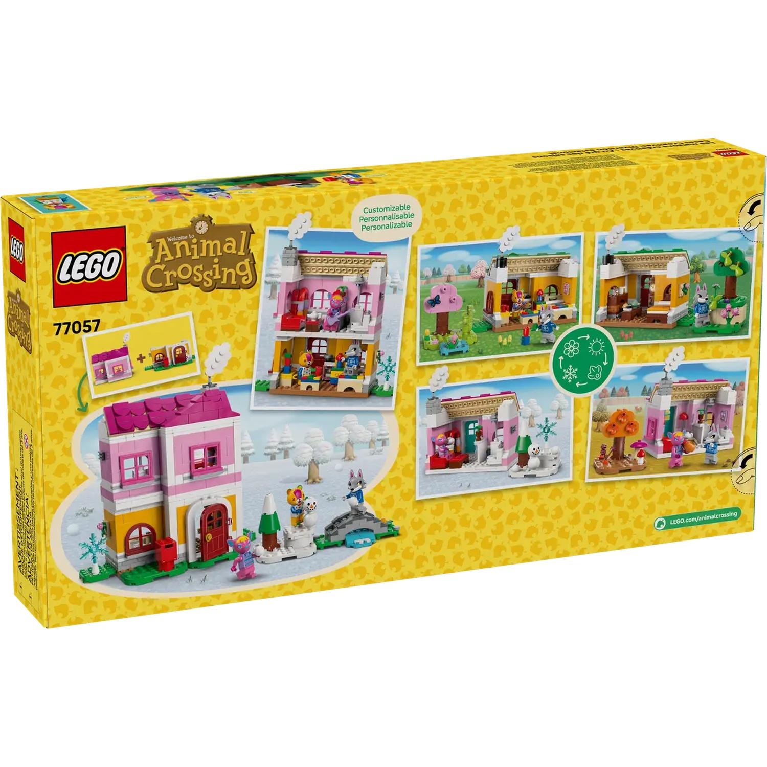 Une boîte Lego montre une scène d'Animal Crossing. Elle présente une maison rose et jaune, et plusieurs mini-figurines d'animaux et de personnages.