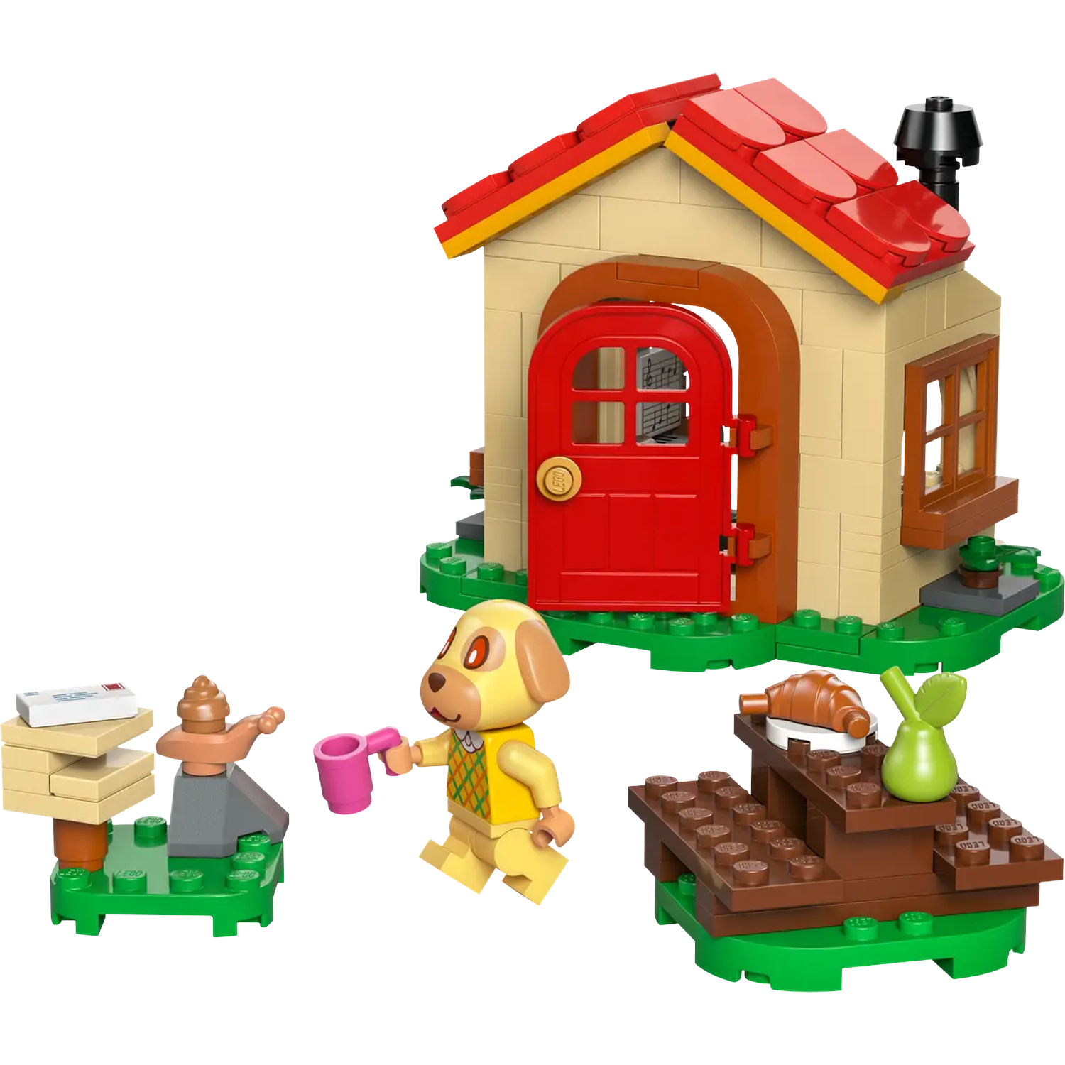 Figurine Lego de chien avec tasse, maison, table avec nourriture et autres blocs Lego sur fond blanc.