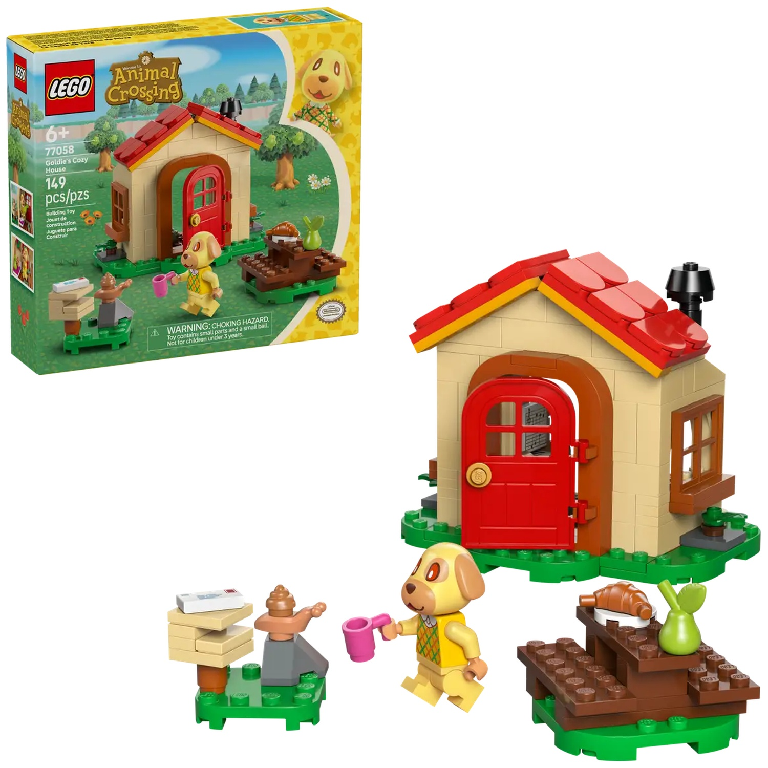 Set Lego représentant la maison douillette de Goldie. Comprend une figurine de chien jaune, une table, une maison et d'autres accessoires. La boîte est également visible.