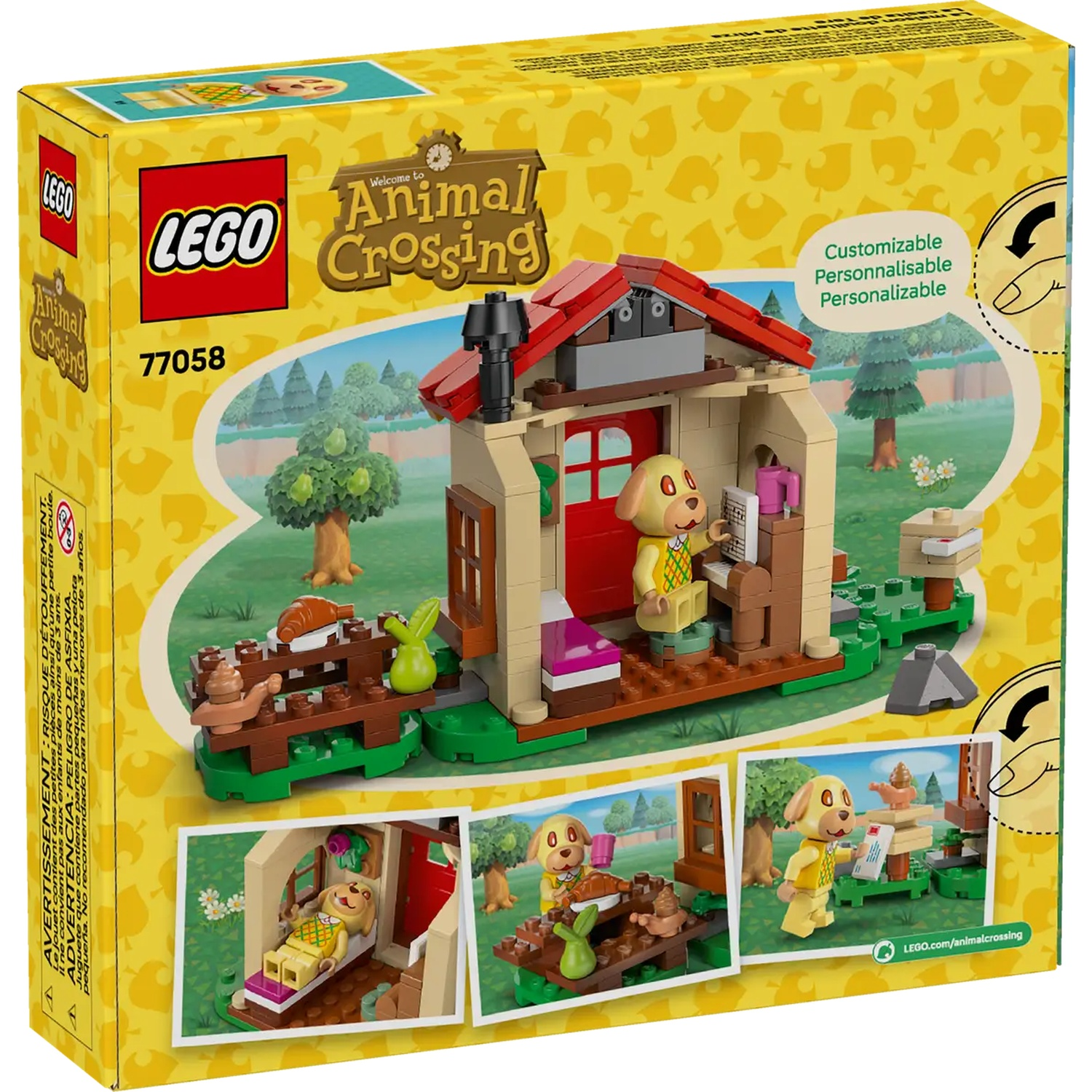 Ensemble de boîtes LEGO Animal Crossing. Il montre un personnage de chien dans une maison avec une porte rouge, un arbre et une clôture marron.