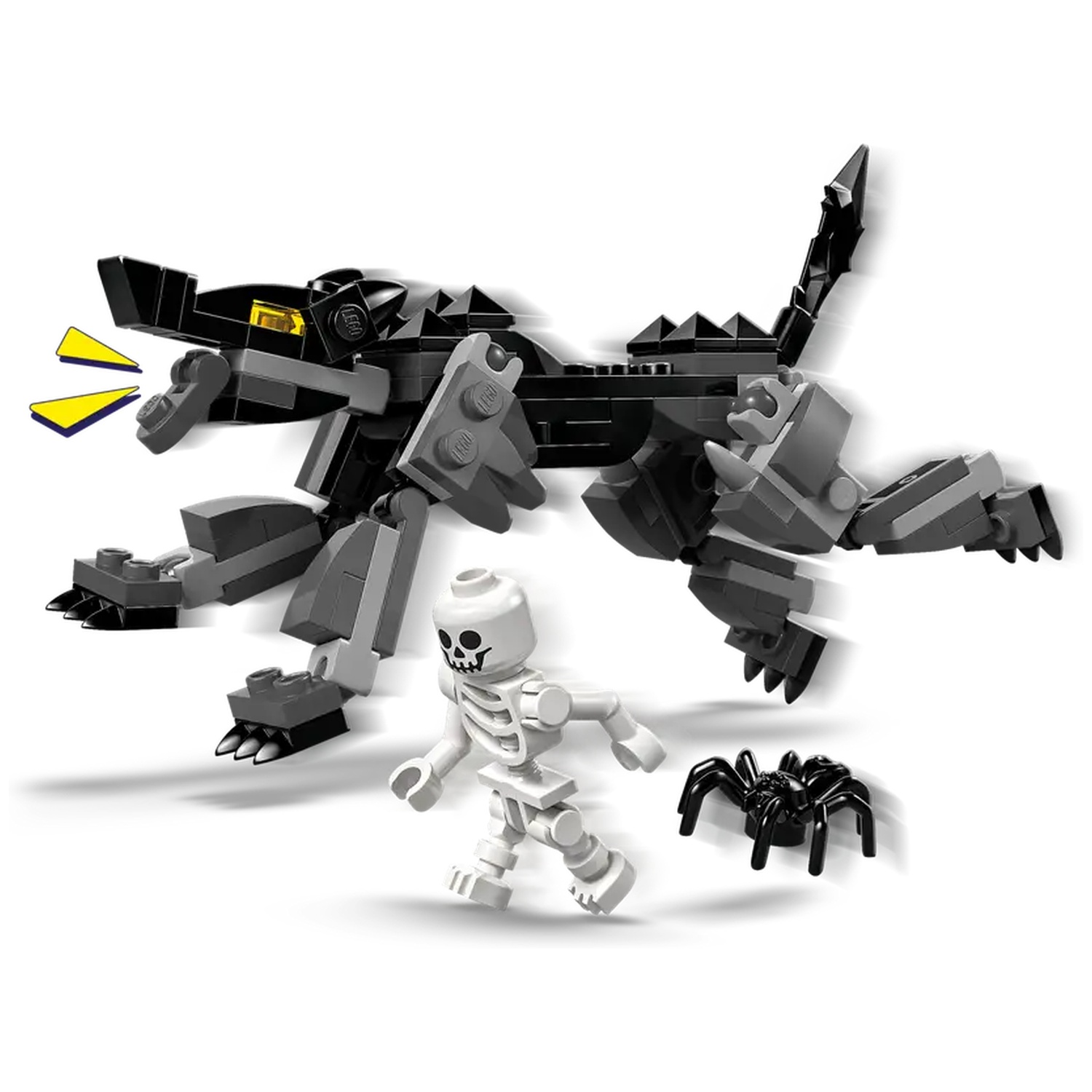 Een Lego-scène met een zwart en grijs monster, een skeletfiguur en een zwarte spin. Het monster brult met gele tekstballonnen.