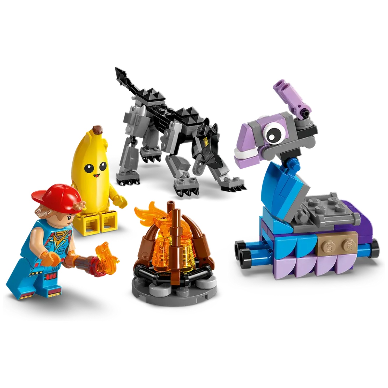 Lego-figuren: banaan, wolf, dinosaurus, kampvuur en een persoon met een fakkel. Alles op een witte achtergrond.