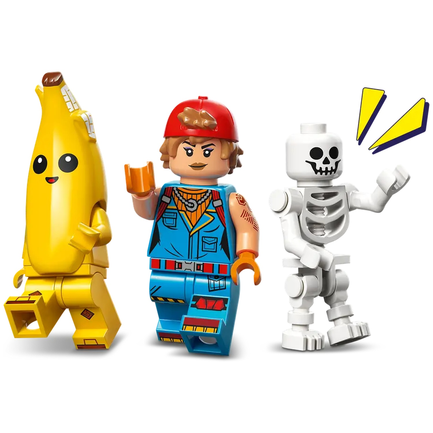 Lego-figuren: banaan, vrouw en skelet. De vrouw heeft een rode pet en een blauw pak. Het skelet heeft gele uitroeptekens.