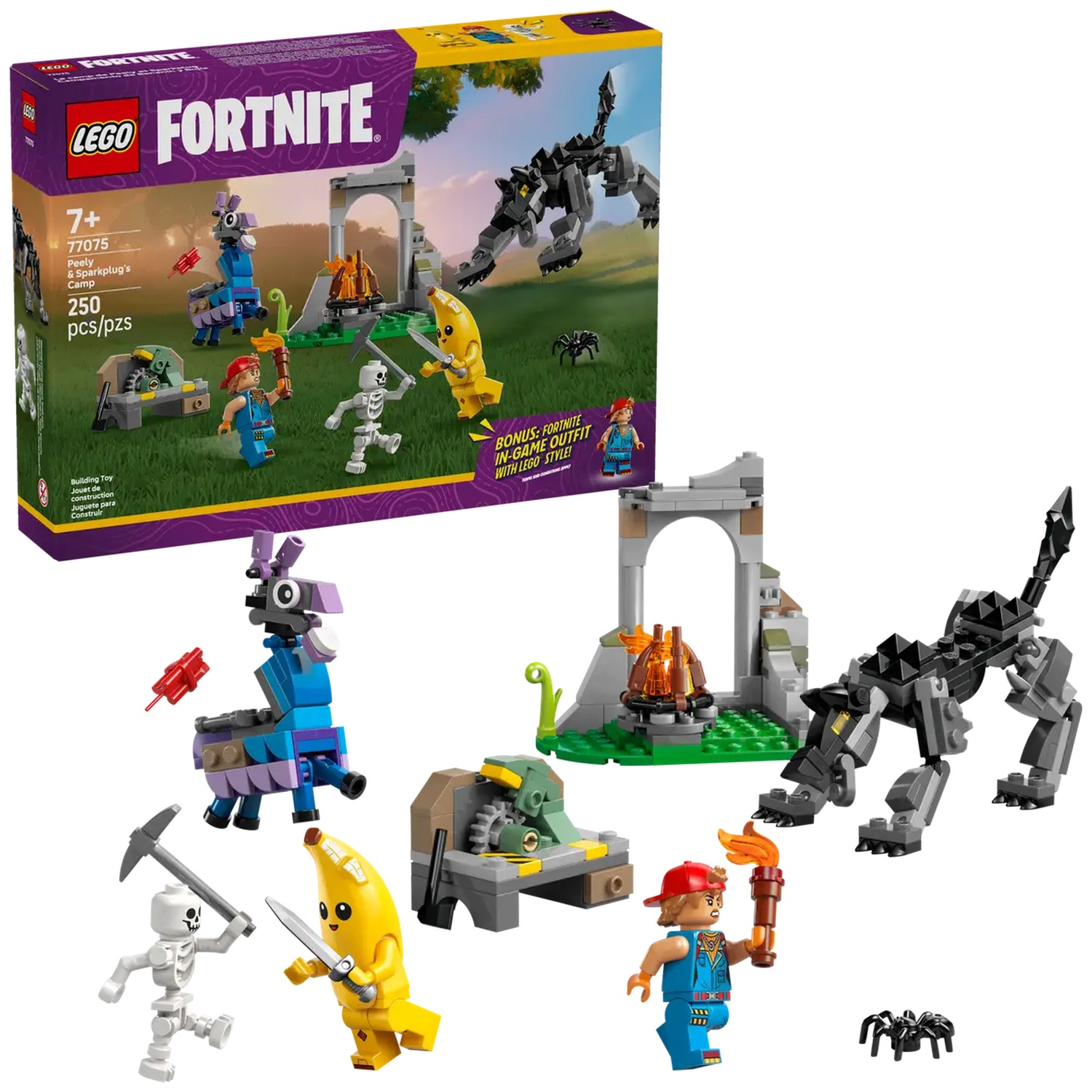 Lego Fortnite set. Inclusief personages zoals Peely, Sparkplug, een skelet en een lama. Er is een kampvuur, een wolf en een spin.